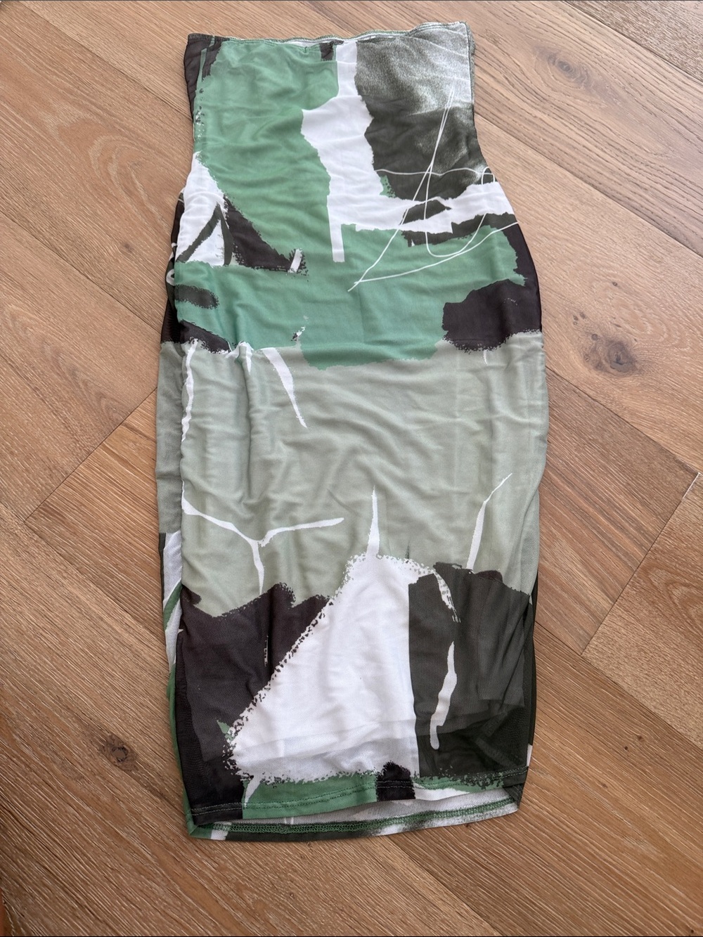 iNAMORATA Strapless Abstract Print Bodycon Dress in Olive, Cream & Brown - Picture 4 of 4
